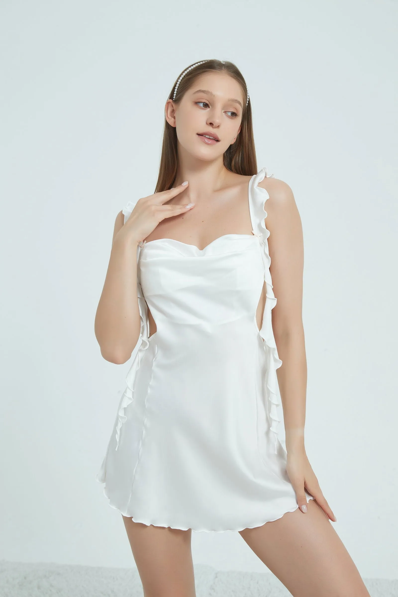 Chic White Ruffled Satin Slip Dress