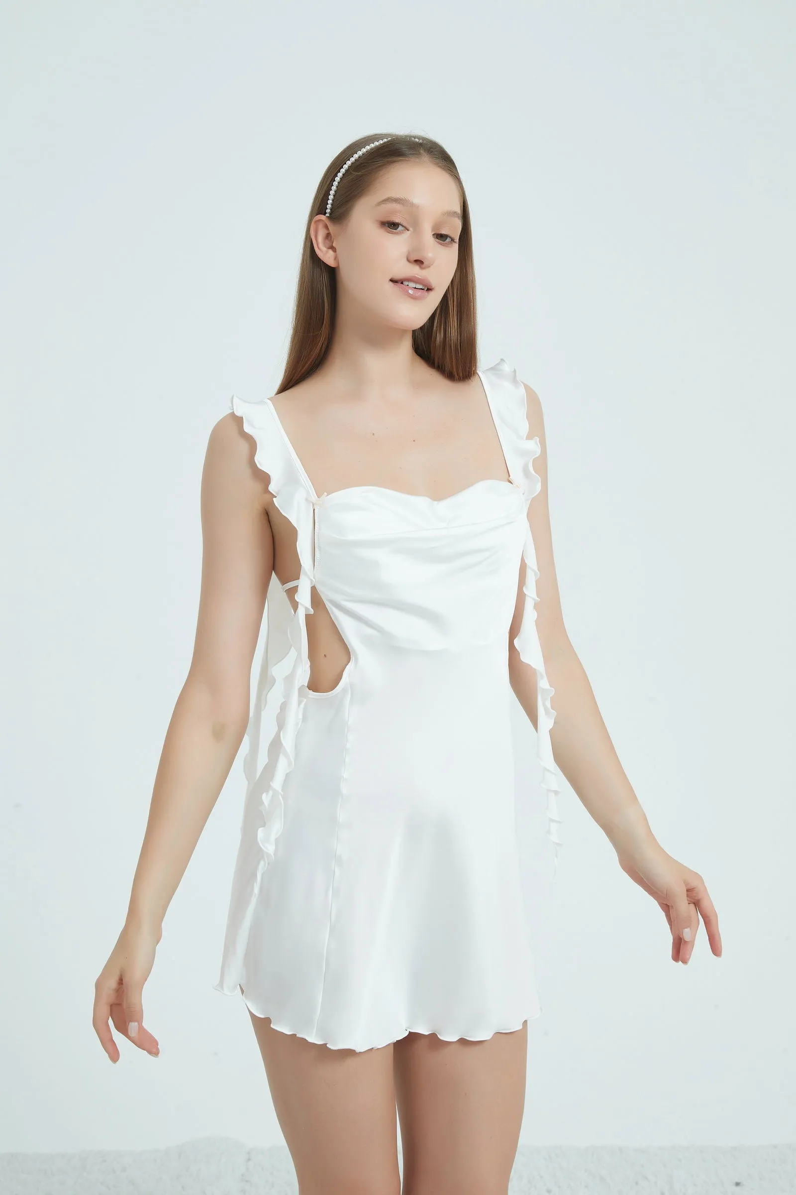 Chic White Ruffled Satin Slip Dress