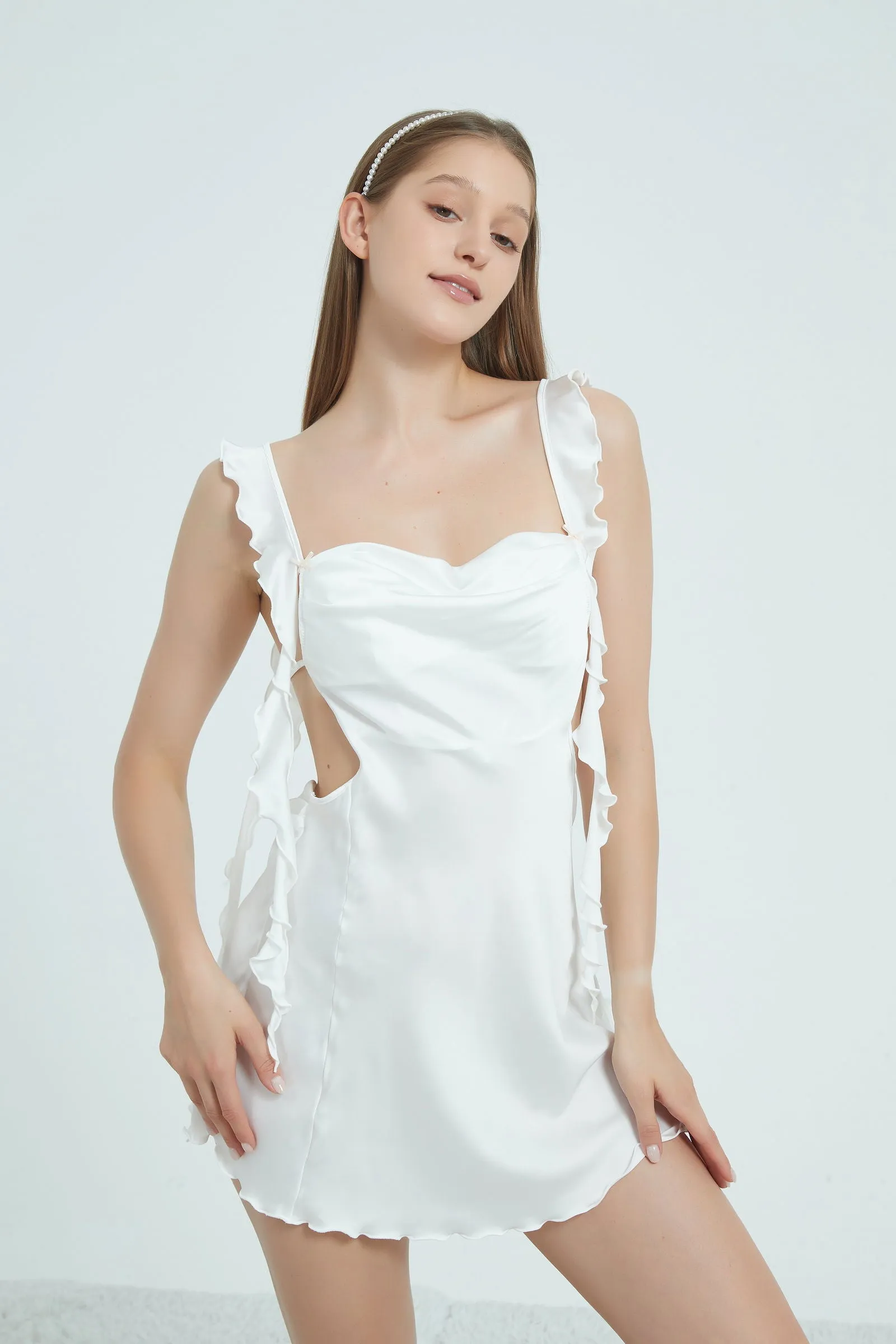 Chic White Ruffled Satin Slip Dress