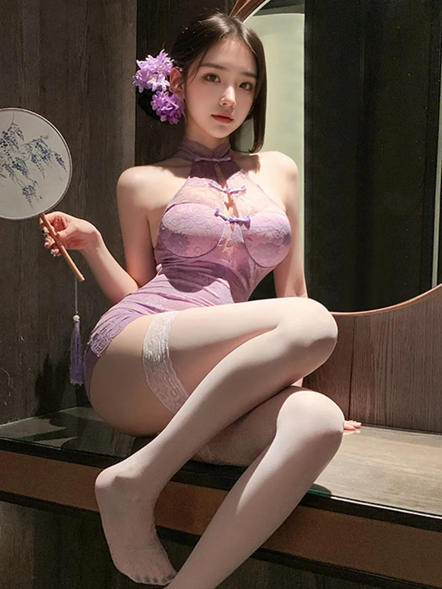Chinese Purple Floral Lace Babydoll Dress