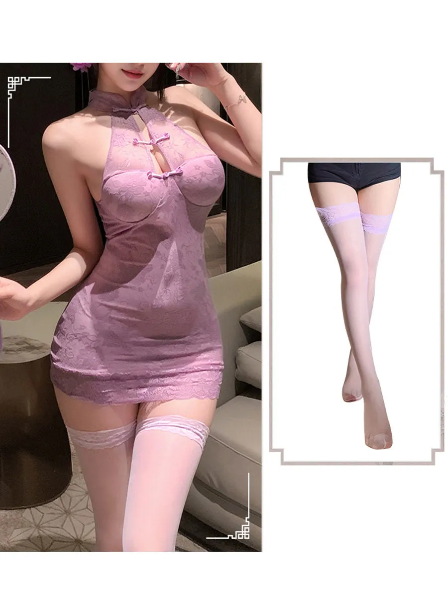 Chinese Purple Floral Lace Babydoll Dress
