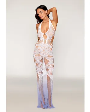 Dreamgirl Deep Plunge Halter Seamless Bodystocking Gown White/Lavender