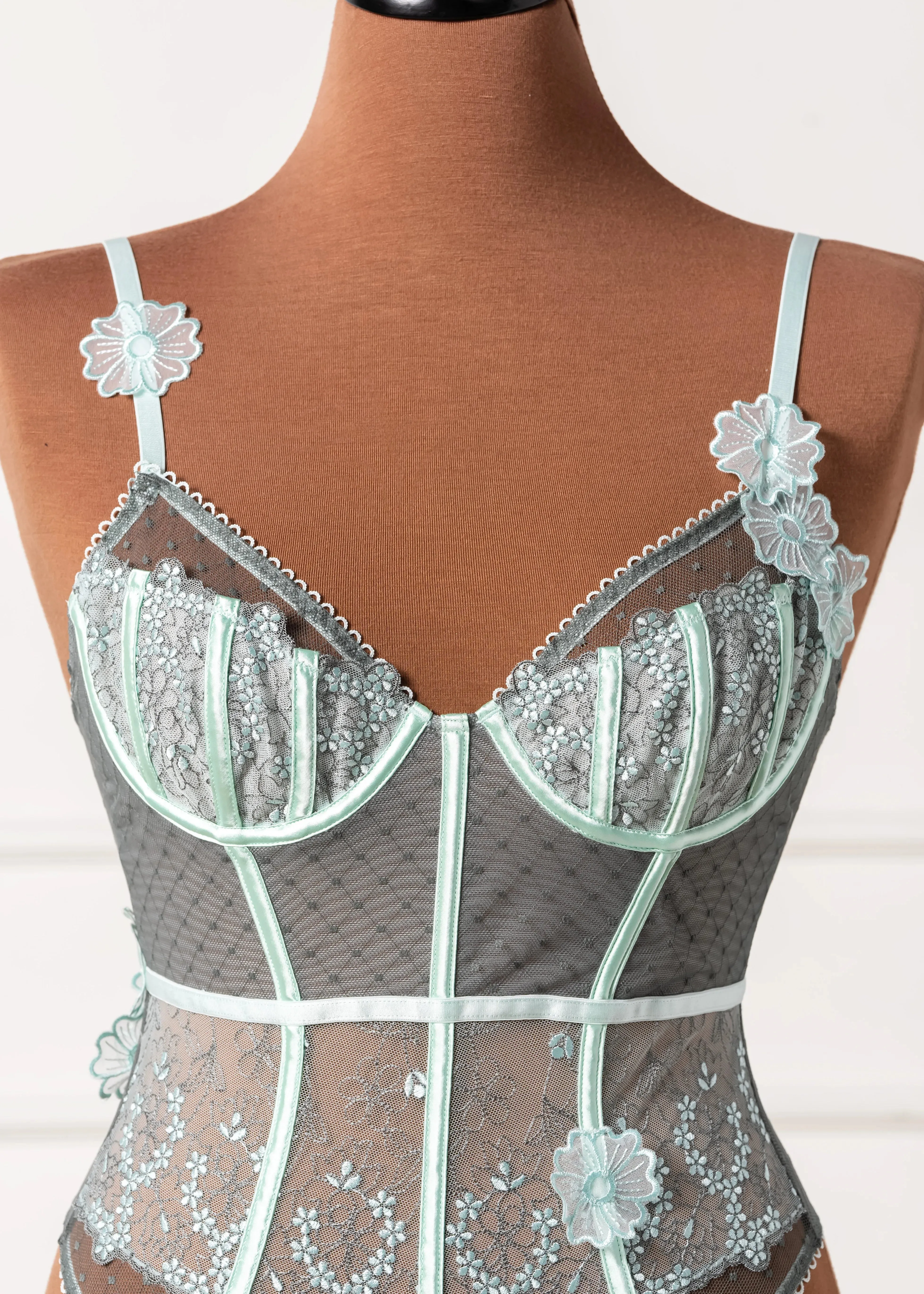 Embroidered Appliqu Crotchless Teddy - Mint Julep