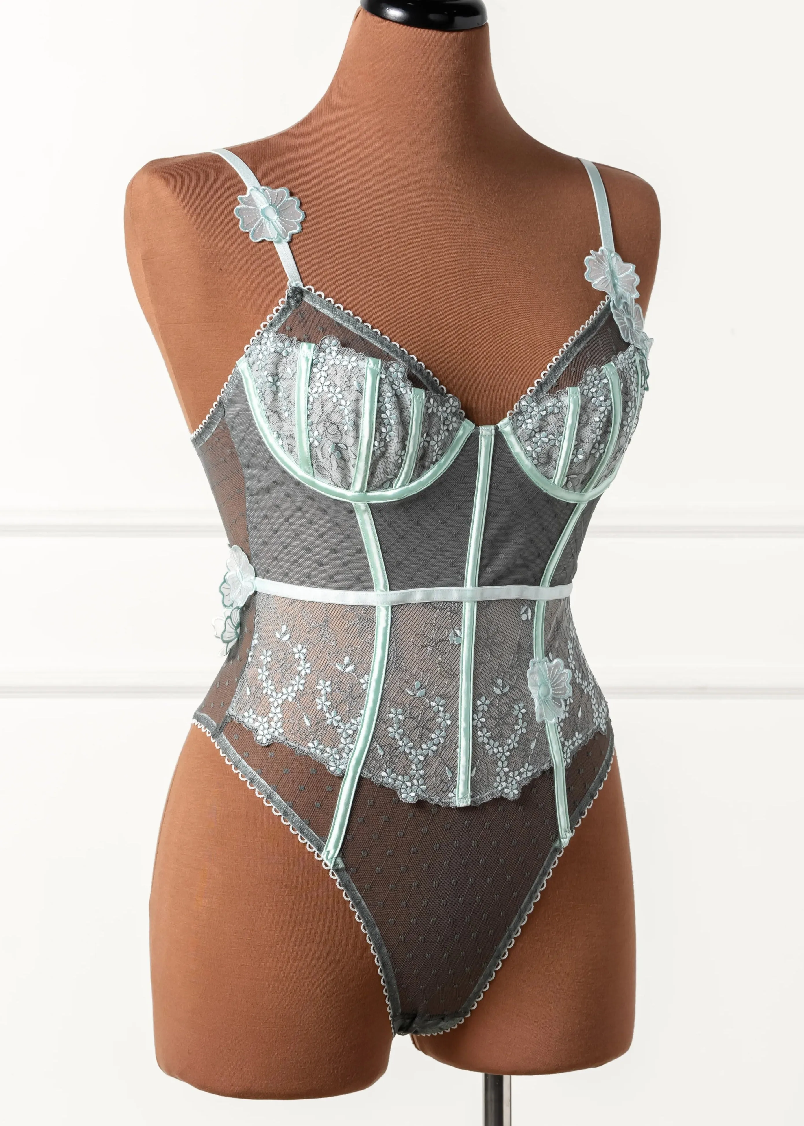 Embroidered Appliqu Crotchless Teddy - Mint Julep