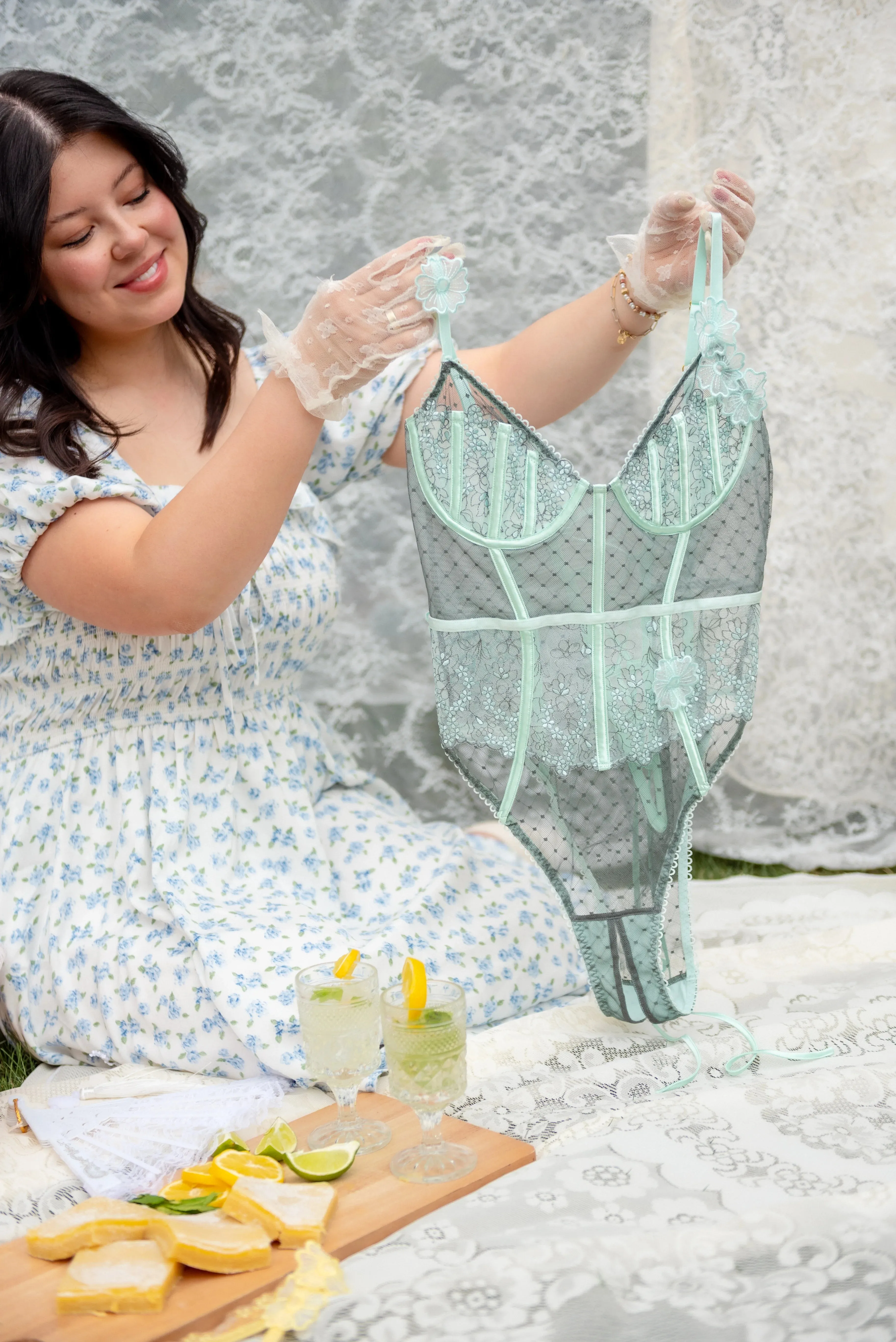 Embroidered Appliqu Crotchless Teddy - Mint Julep