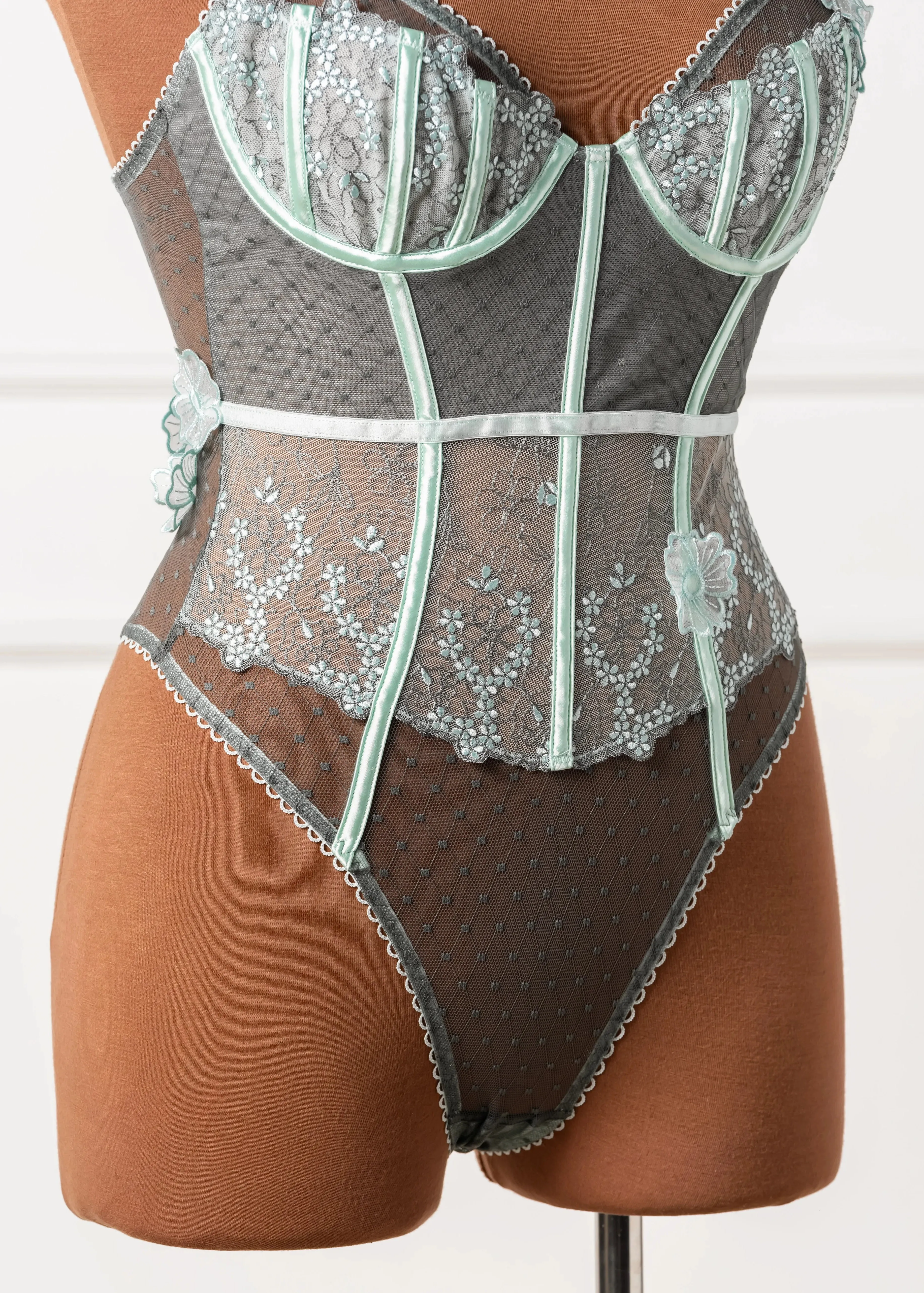 Embroidered Appliqu Crotchless Teddy - Mint Julep
