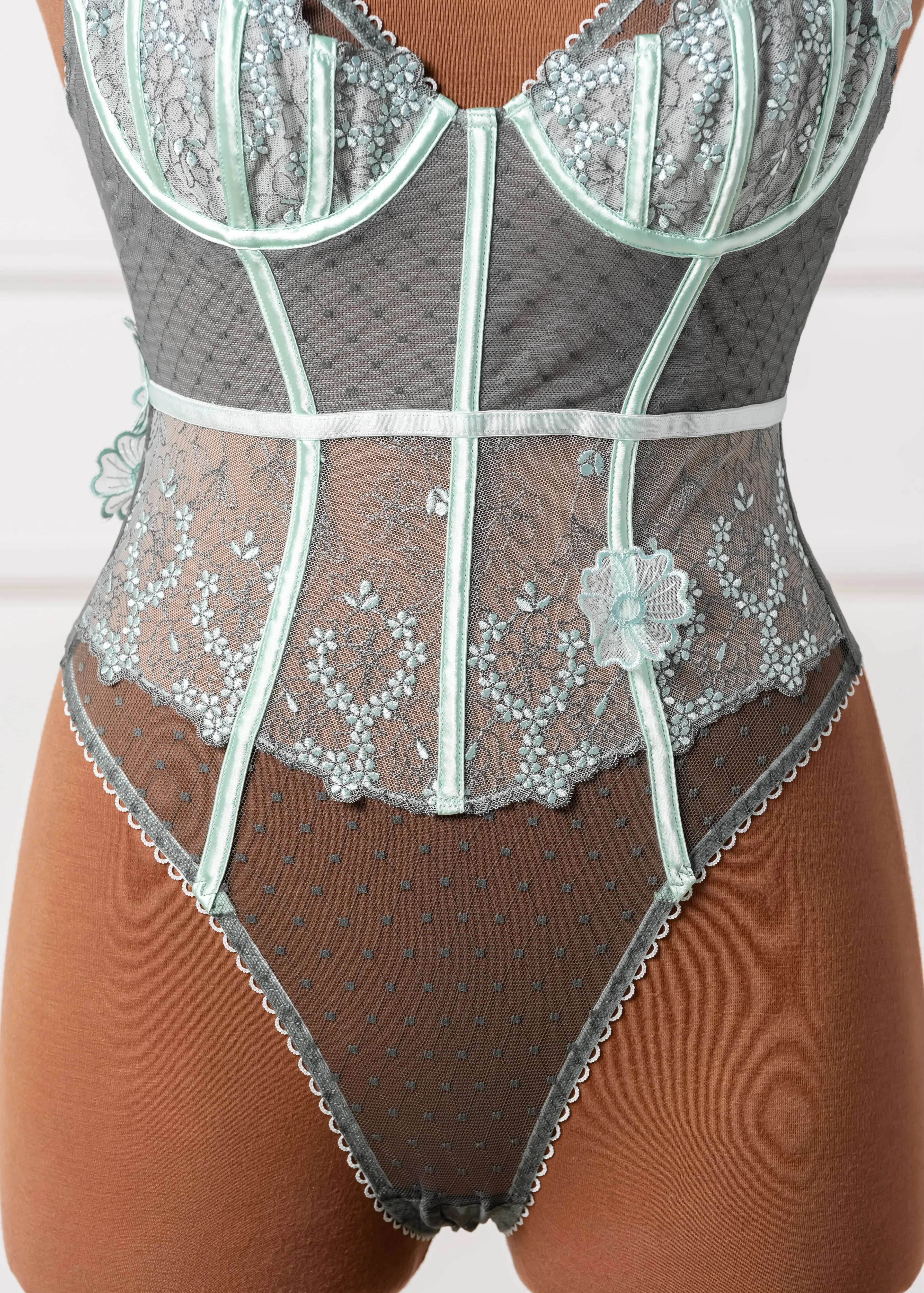 Embroidered Appliqu Crotchless Teddy - Mint Julep