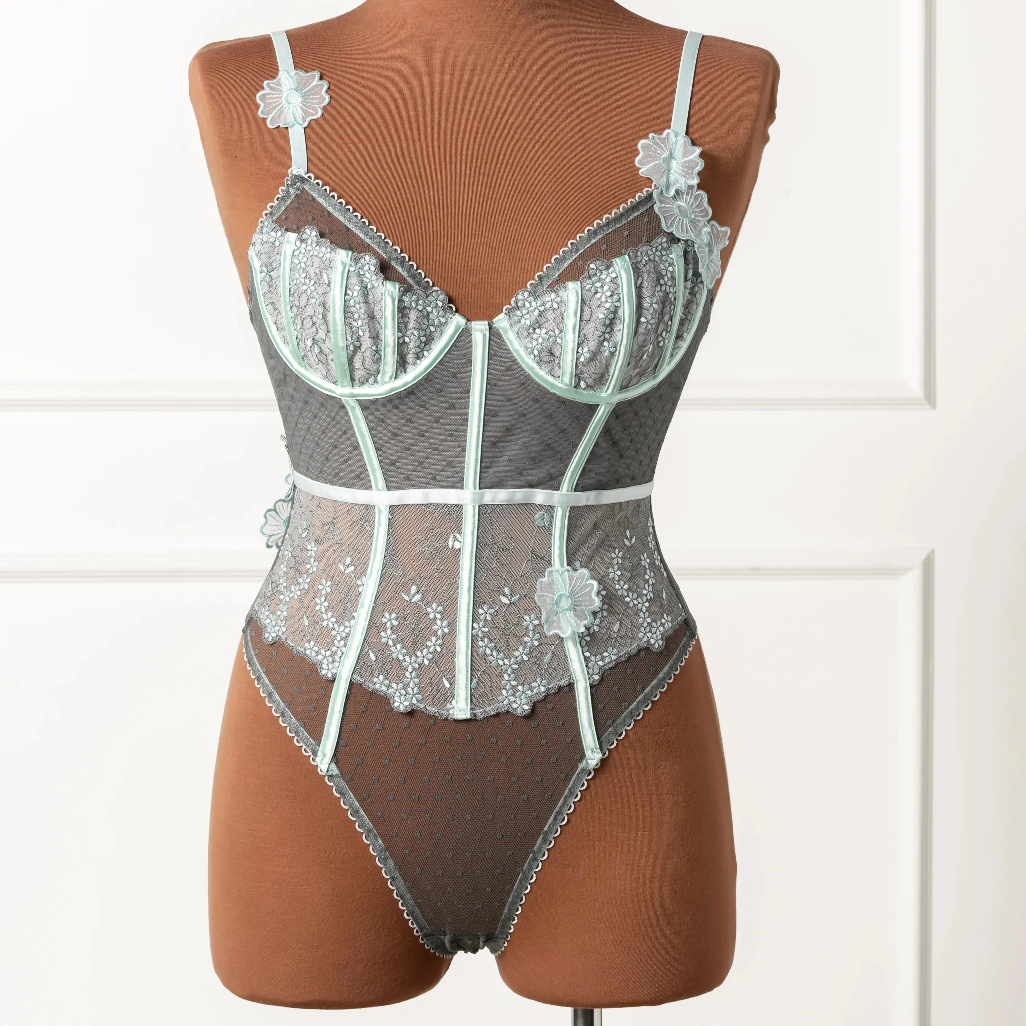 Embroidered Appliqu Crotchless Teddy - Mint Julep