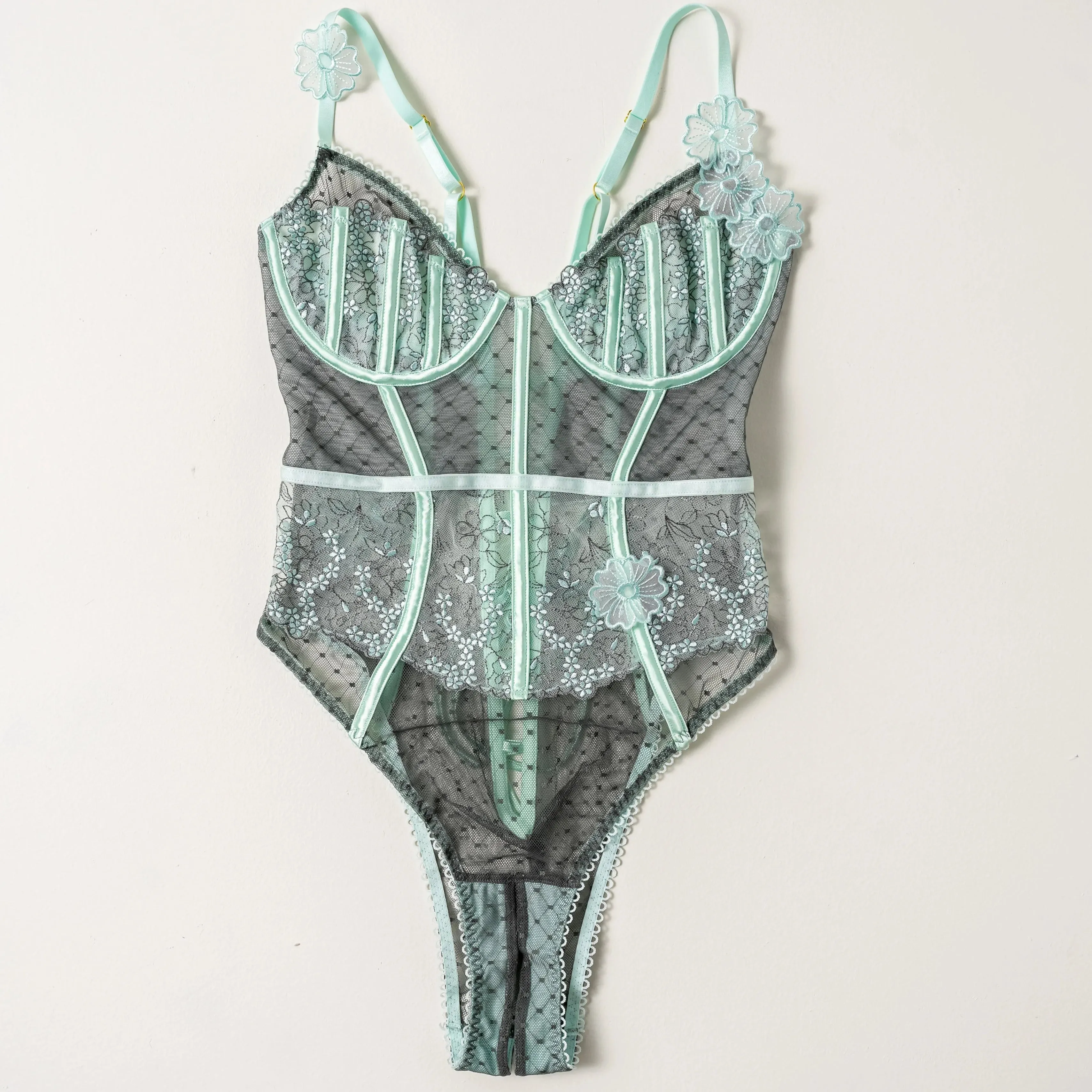 Embroidered Appliqu Crotchless Teddy - Mint Julep