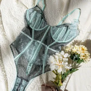 Embroidered Appliqu Crotchless Teddy - Mint Julep
