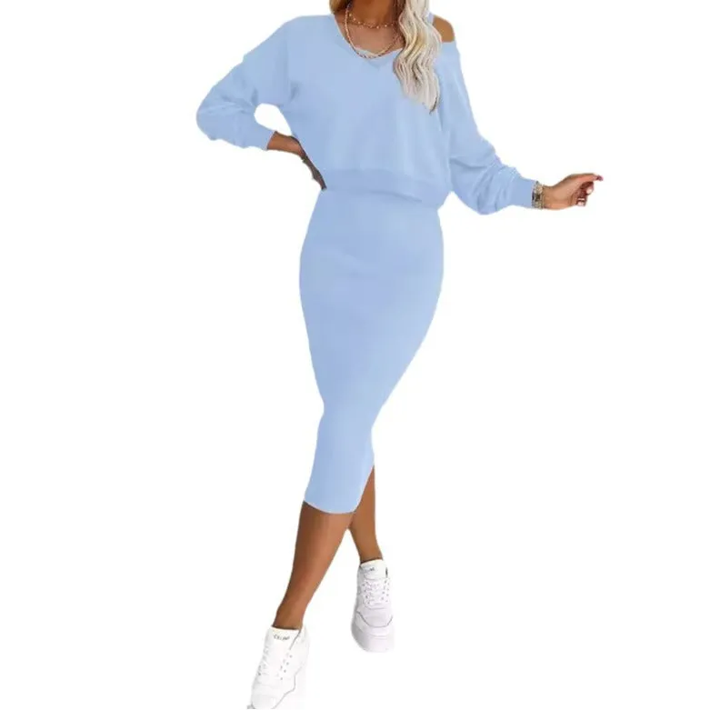 European And American Women's Clothing Vest Skirt V-neck Sweatshirt Sweater Set