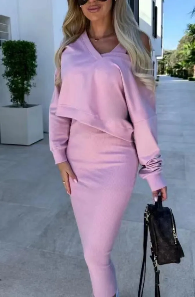 European And American Women's Clothing Vest Skirt V-neck Sweatshirt Sweater Set