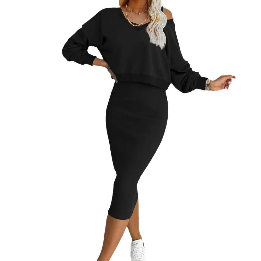 European And American Women's Clothing Vest Skirt V-neck Sweatshirt Sweater Set
