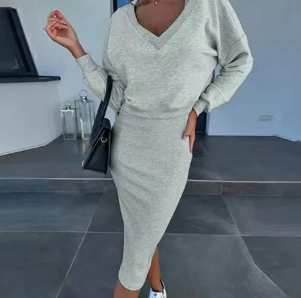 European And American Women's Clothing Vest Skirt V-neck Sweatshirt Sweater Set