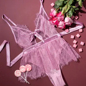 Eyelash Lace Crotchless Teddy - Lilac