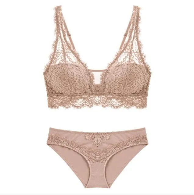 Fashion Sexy Bra set Lingerie Women's Lace Underwear eyelash Lace Lingerie Set Thin lined 3/4 cup Bralette V neck new arrival