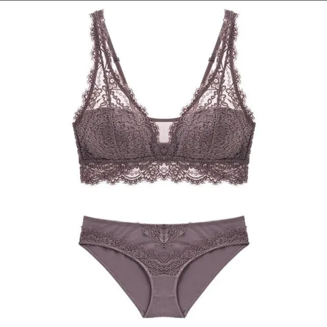 Fashion Sexy Bra set Lingerie Women's Lace Underwear eyelash Lace Lingerie Set Thin lined 3/4 cup Bralette V neck new arrival