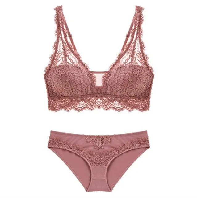 Fashion Sexy Bra set Lingerie Women's Lace Underwear eyelash Lace Lingerie Set Thin lined 3/4 cup Bralette V neck new arrival