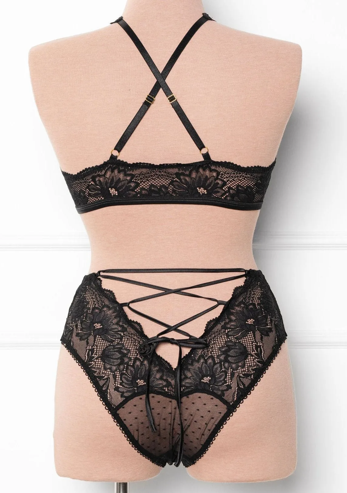 High Waist Lace Up Crotchless Panty - Black