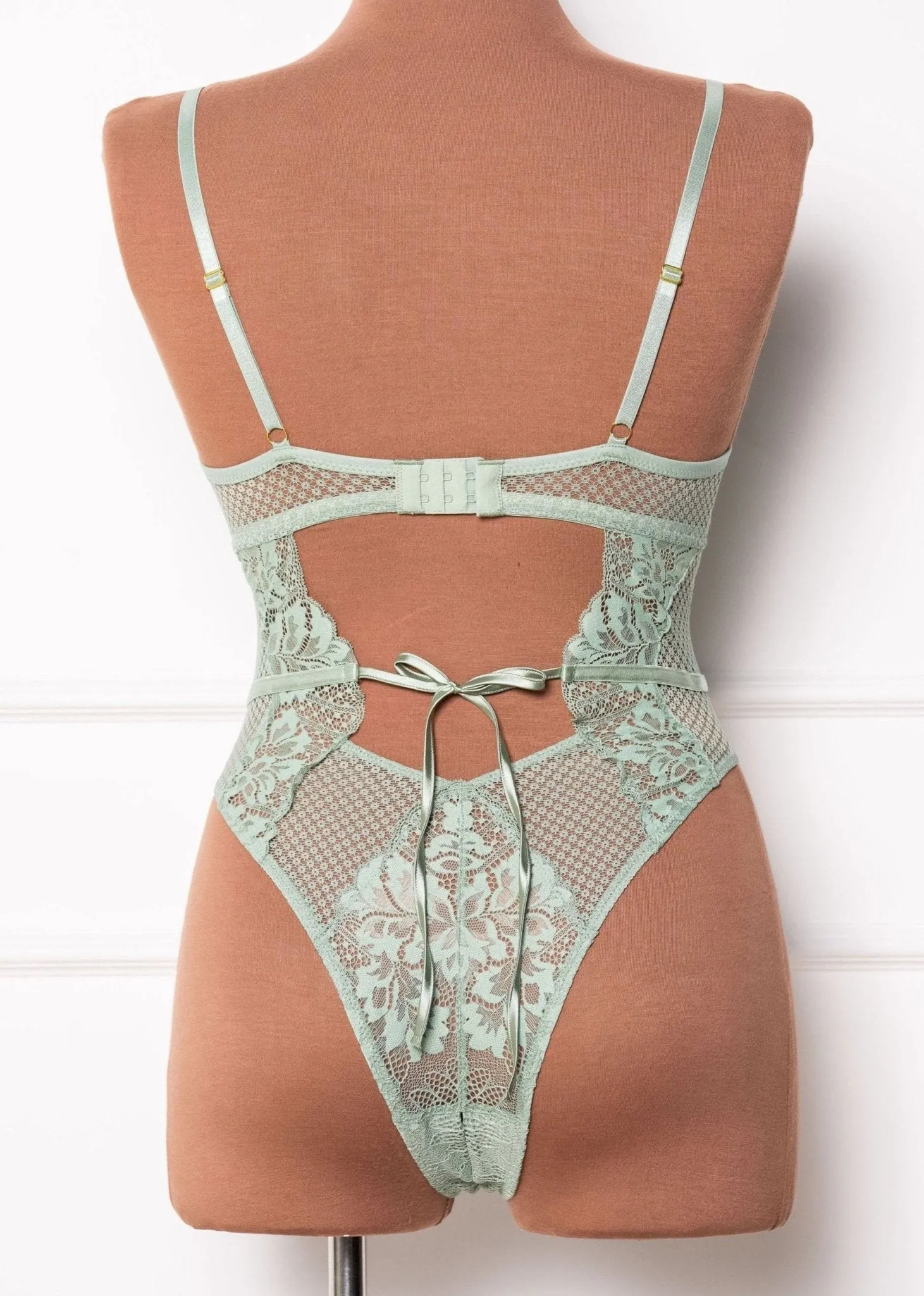 Lacy Caged Crotchless Teddy - Misty Jade
