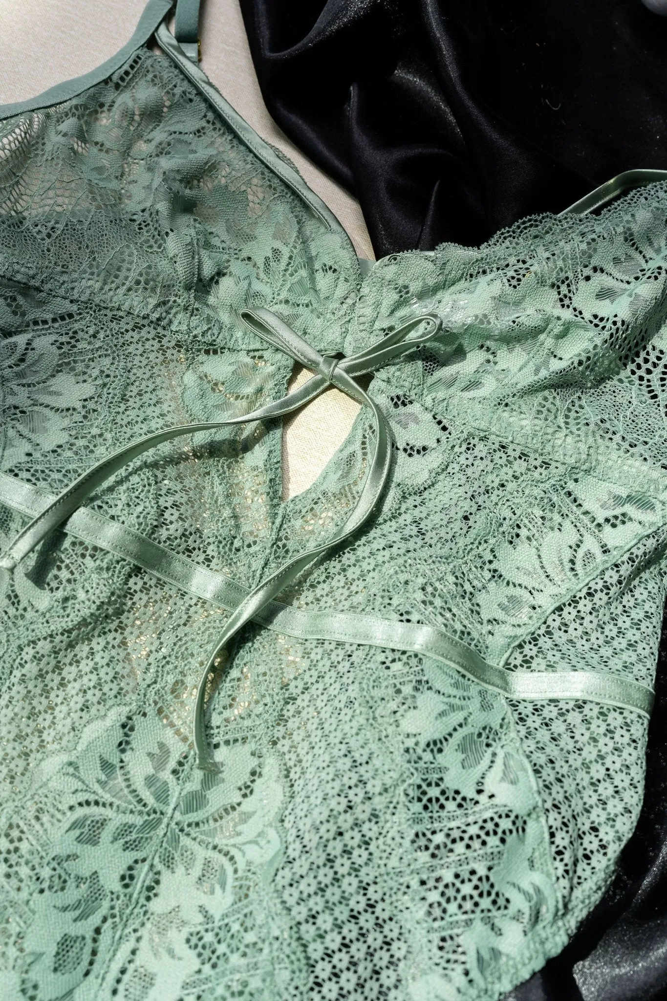 Lacy Caged Crotchless Teddy - Misty Jade