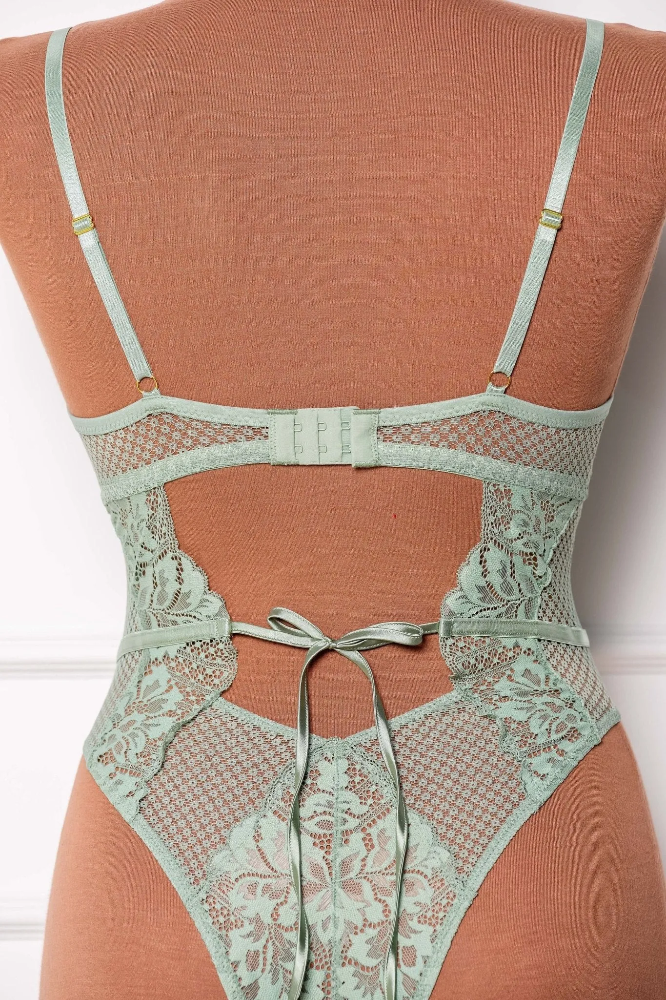 Lacy Caged Crotchless Teddy - Misty Jade