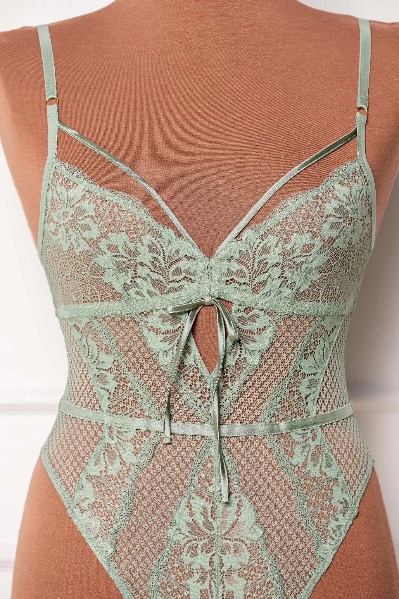 Lacy Caged Crotchless Teddy - Misty Jade