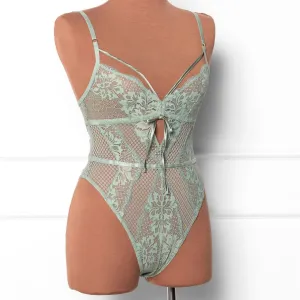 Lacy Caged Crotchless Teddy - Misty Jade
