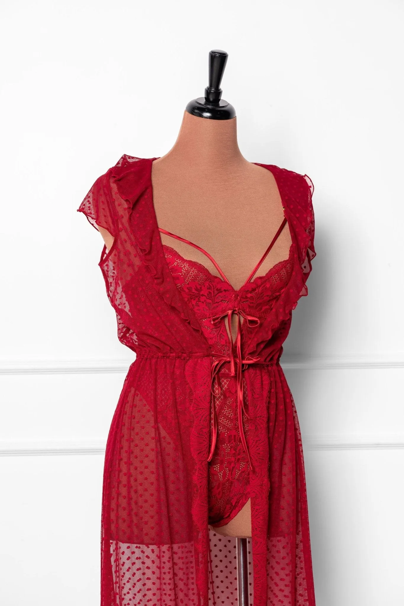 Lacy Caged Crotchless Teddy - Red