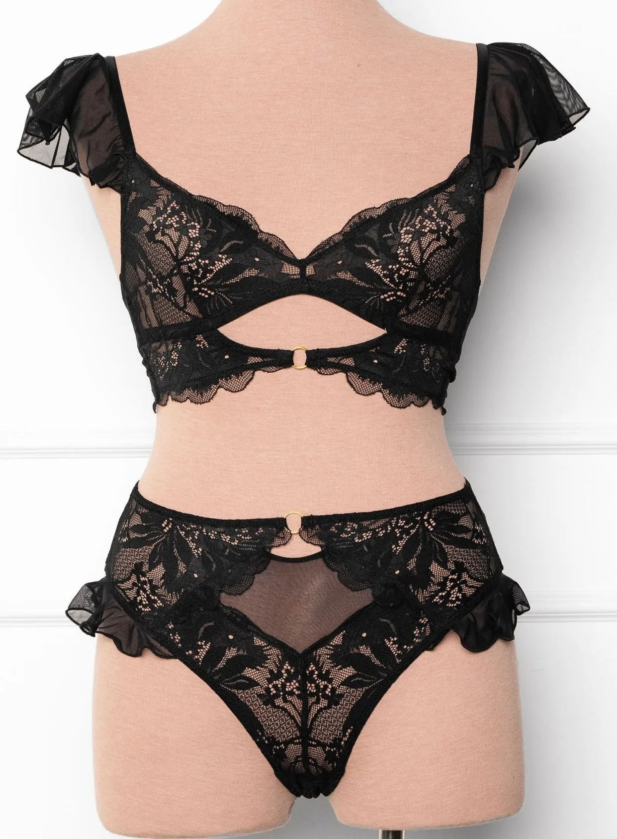 Lacy High Leg Crotchless Panty - Black
