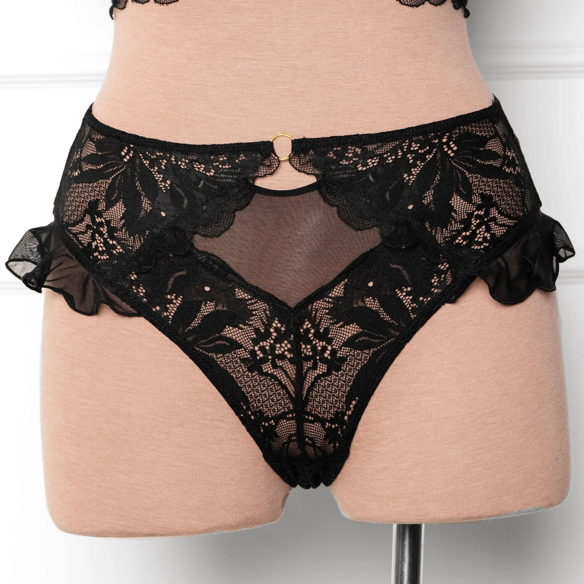 Lacy High Leg Crotchless Panty - Black