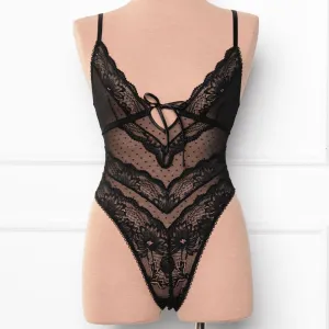 Lacy High Leg Crotchless Teddy - Black