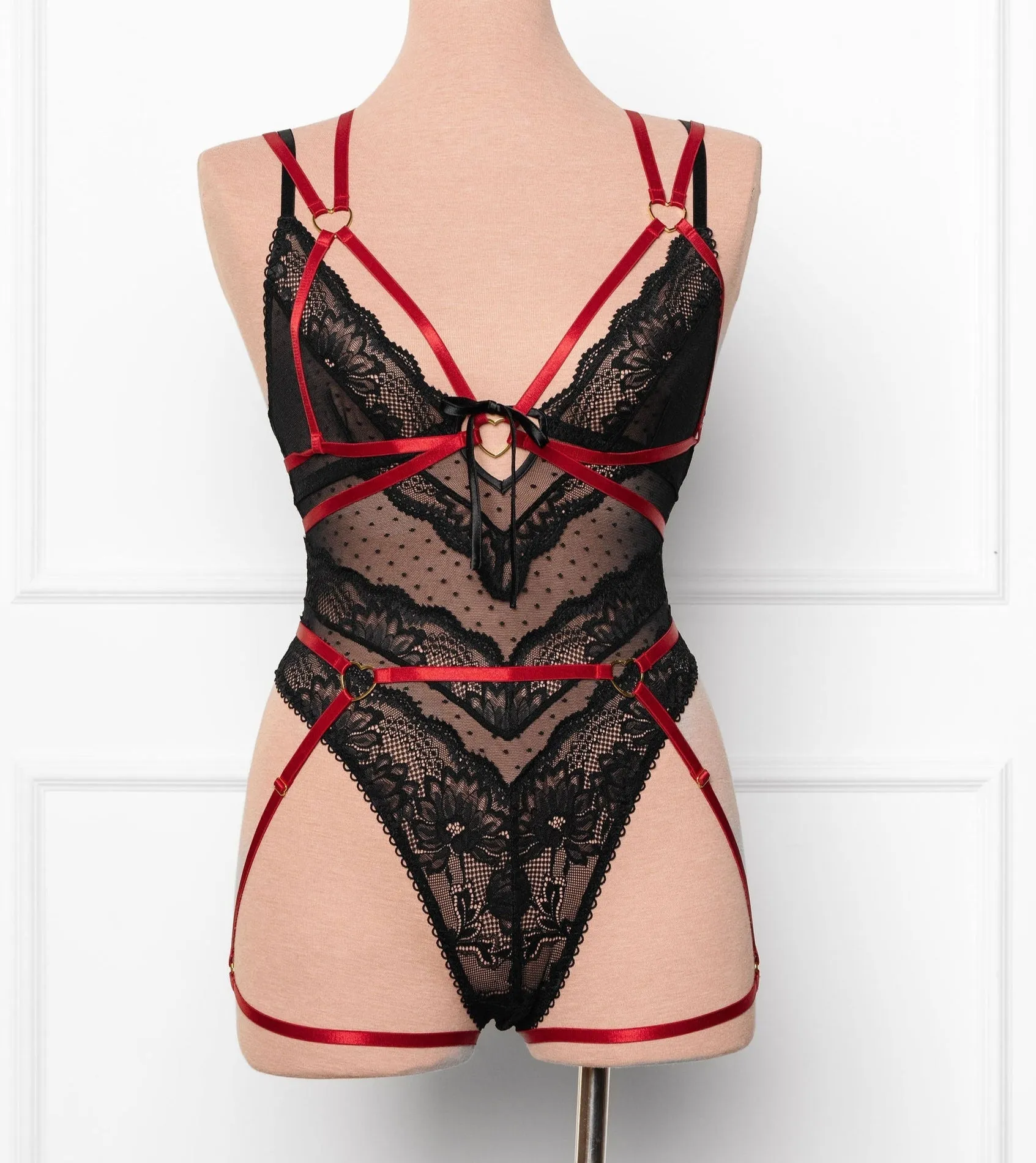 Lacy High Leg Crotchless Teddy - Black