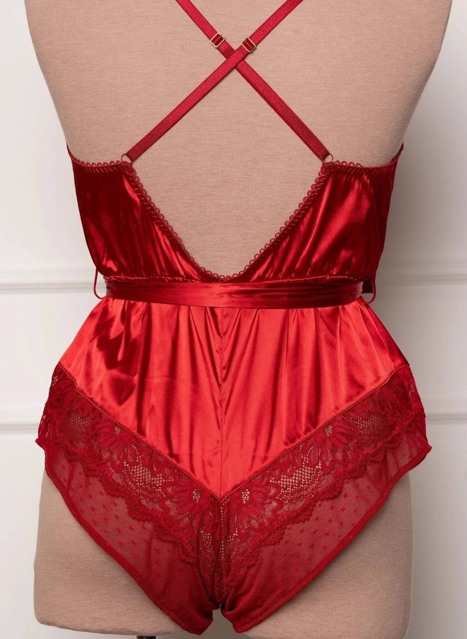 Lacy Satin Bow Romper - Red