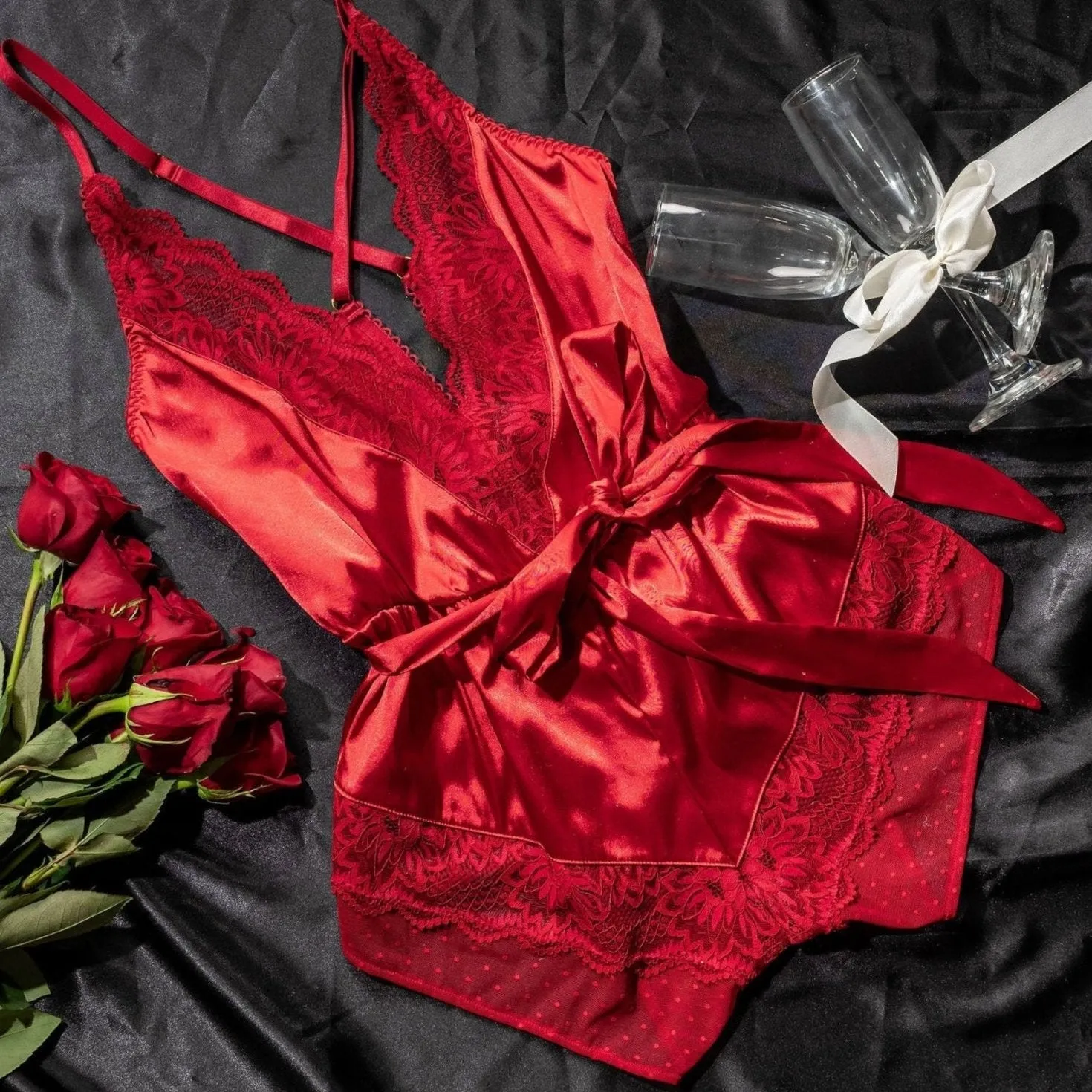 Lacy Satin Bow Romper - Red