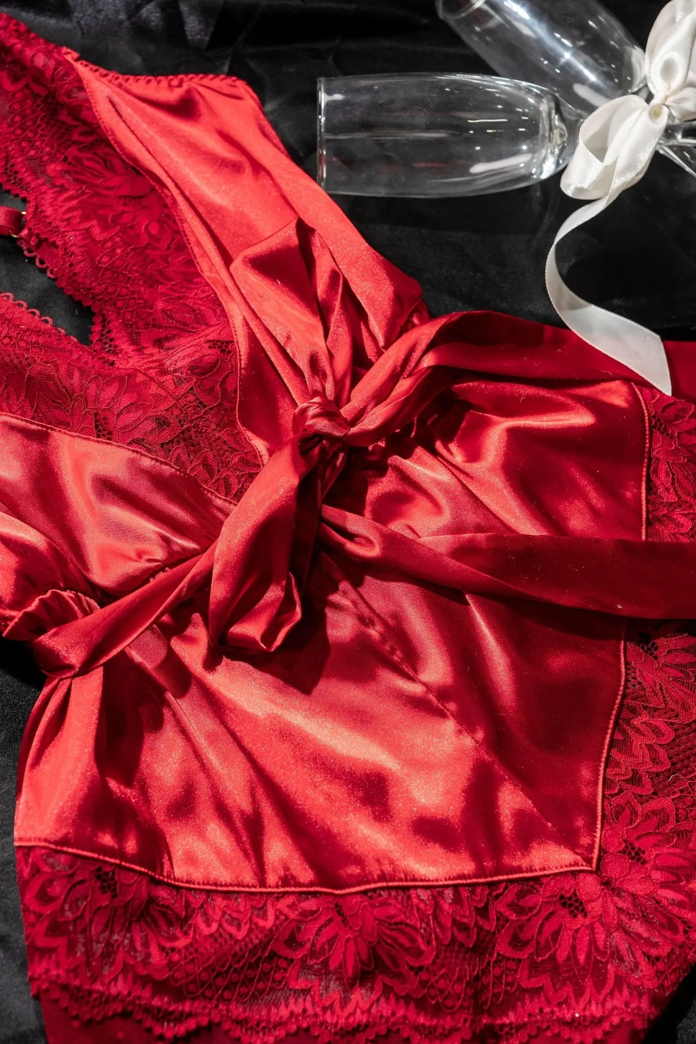 Lacy Satin Bow Romper - Red