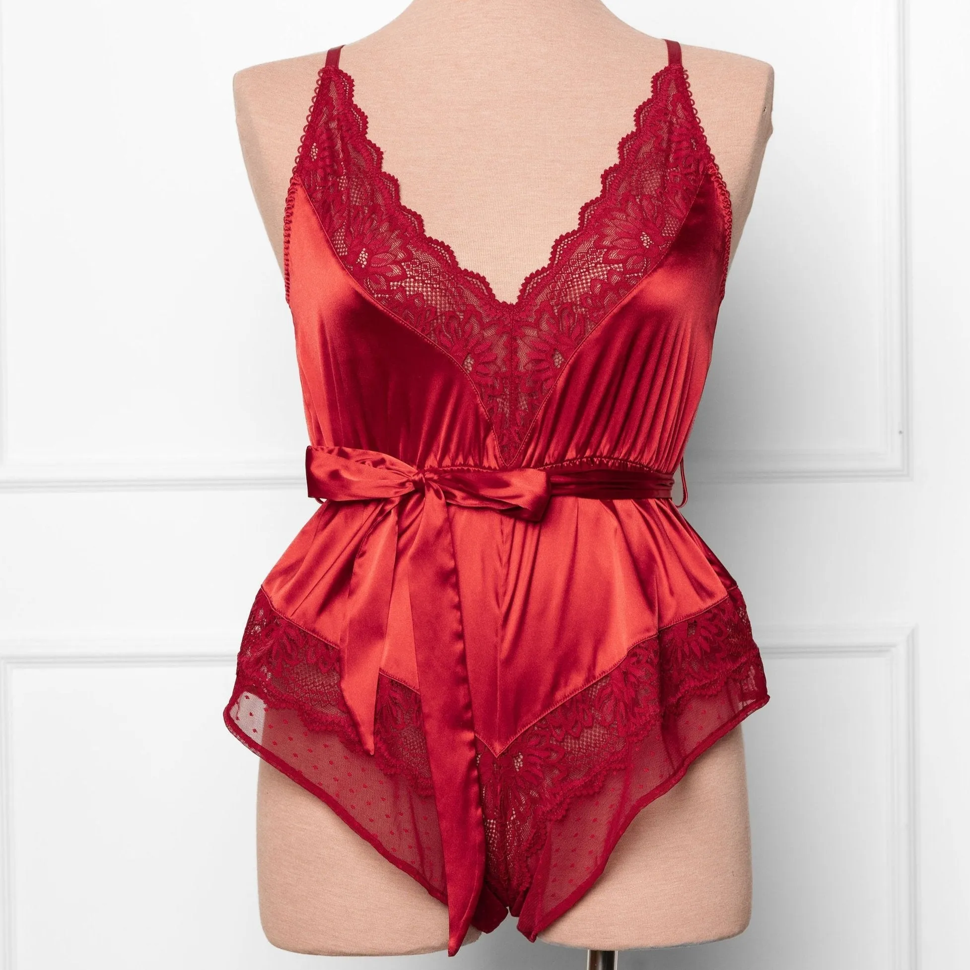 Lacy Satin Bow Romper - Red