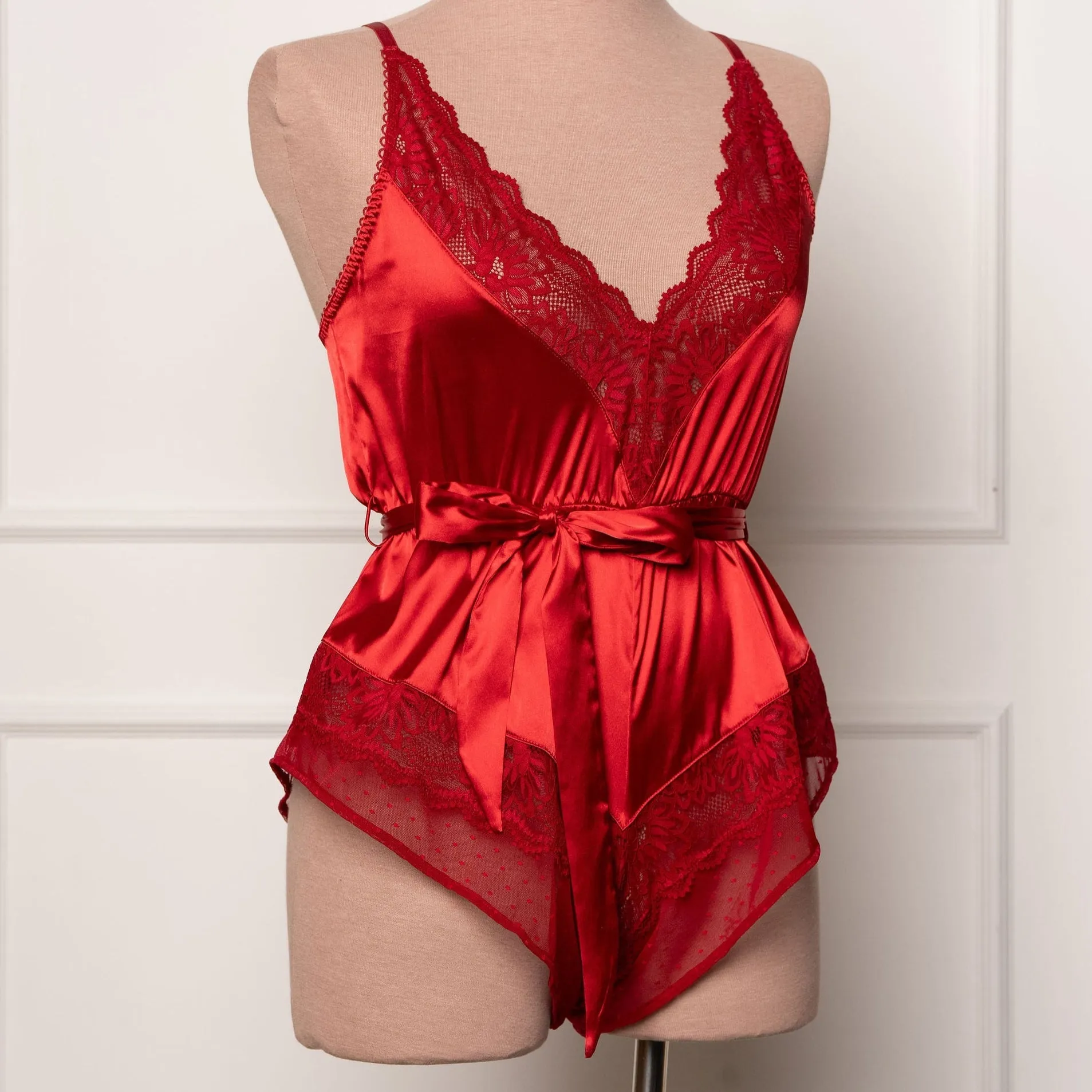 Lacy Satin Bow Romper - Red