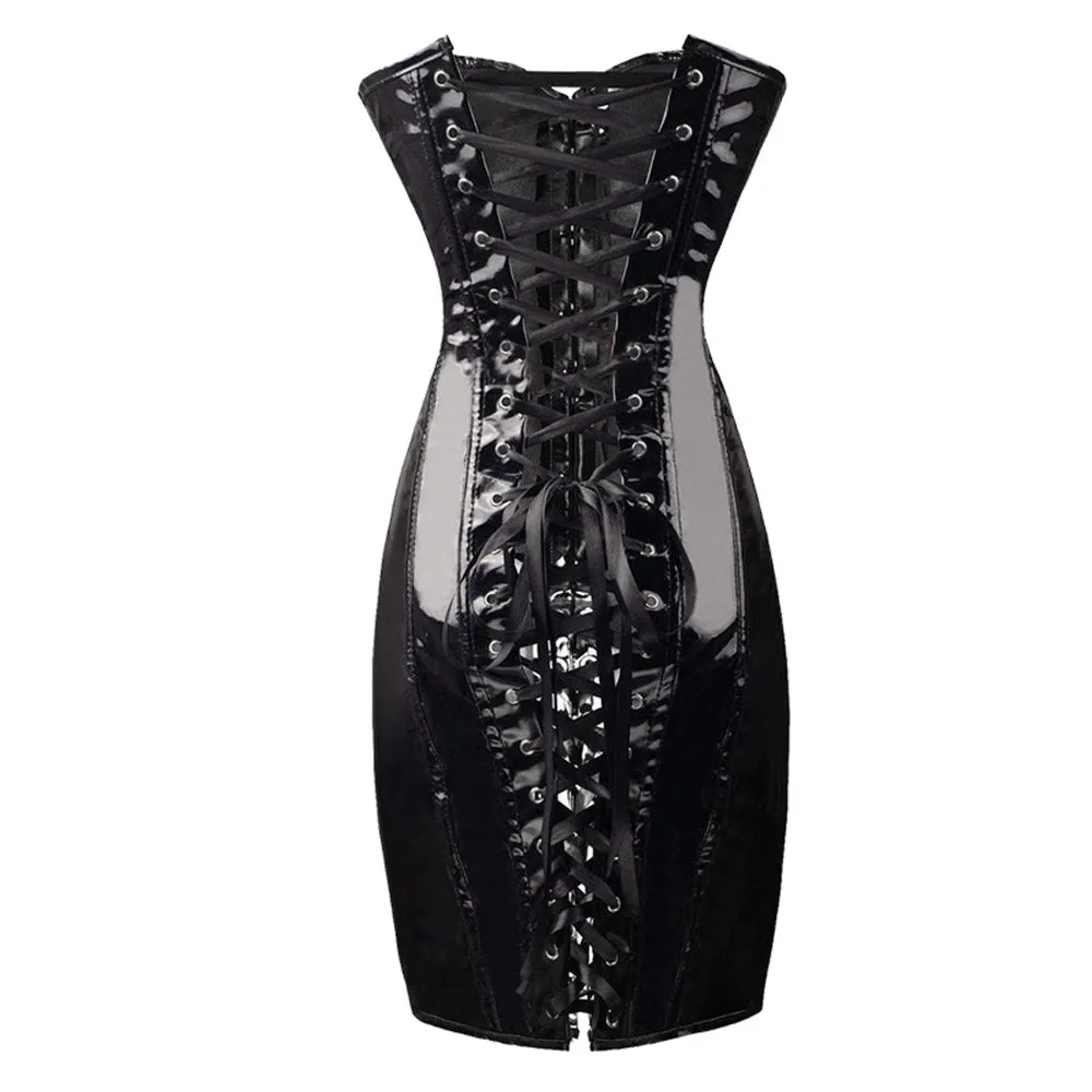 Latex Wet Look Mini Dress Plus Size Lace Up PVC Dress Off Shoulder Bodycon Dress