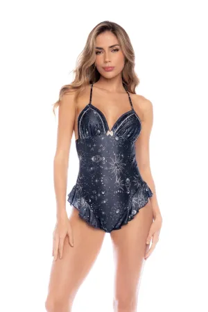 Mapale Lounge Stellium Sleep Ruffle Romper Sapphire Blue Print