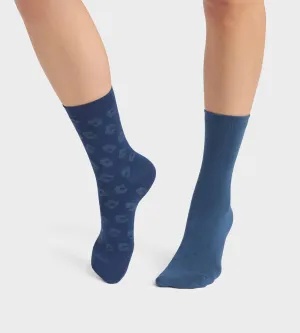 Pack of 2 pairs of women's viscose floral socks in Blue Dim Bamboo