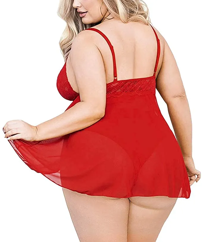 Plus Size Babydoll for Women Double Layer Elastic High Waist Teddy Chemise Comfy Floral Lace Lingerie