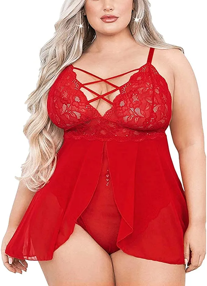 Plus Size Babydoll for Women Double Layer Elastic High Waist Teddy Chemise Comfy Floral Lace Lingerie
