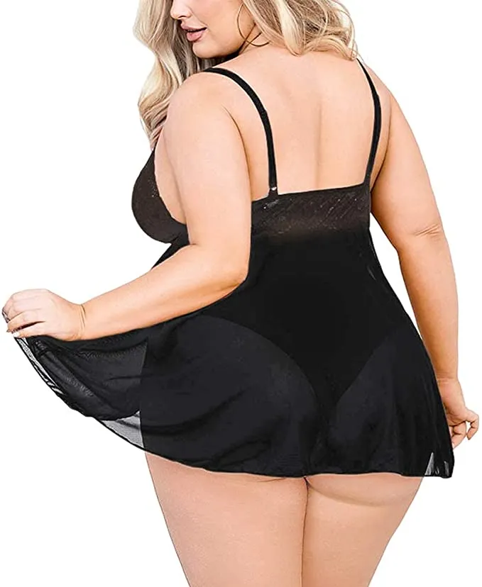 Plus Size Babydoll for Women Double Layer Elastic High Waist Teddy Chemise Comfy Floral Lace Lingerie