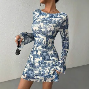 Printed Flare Sleeve Backless Mesh Dress