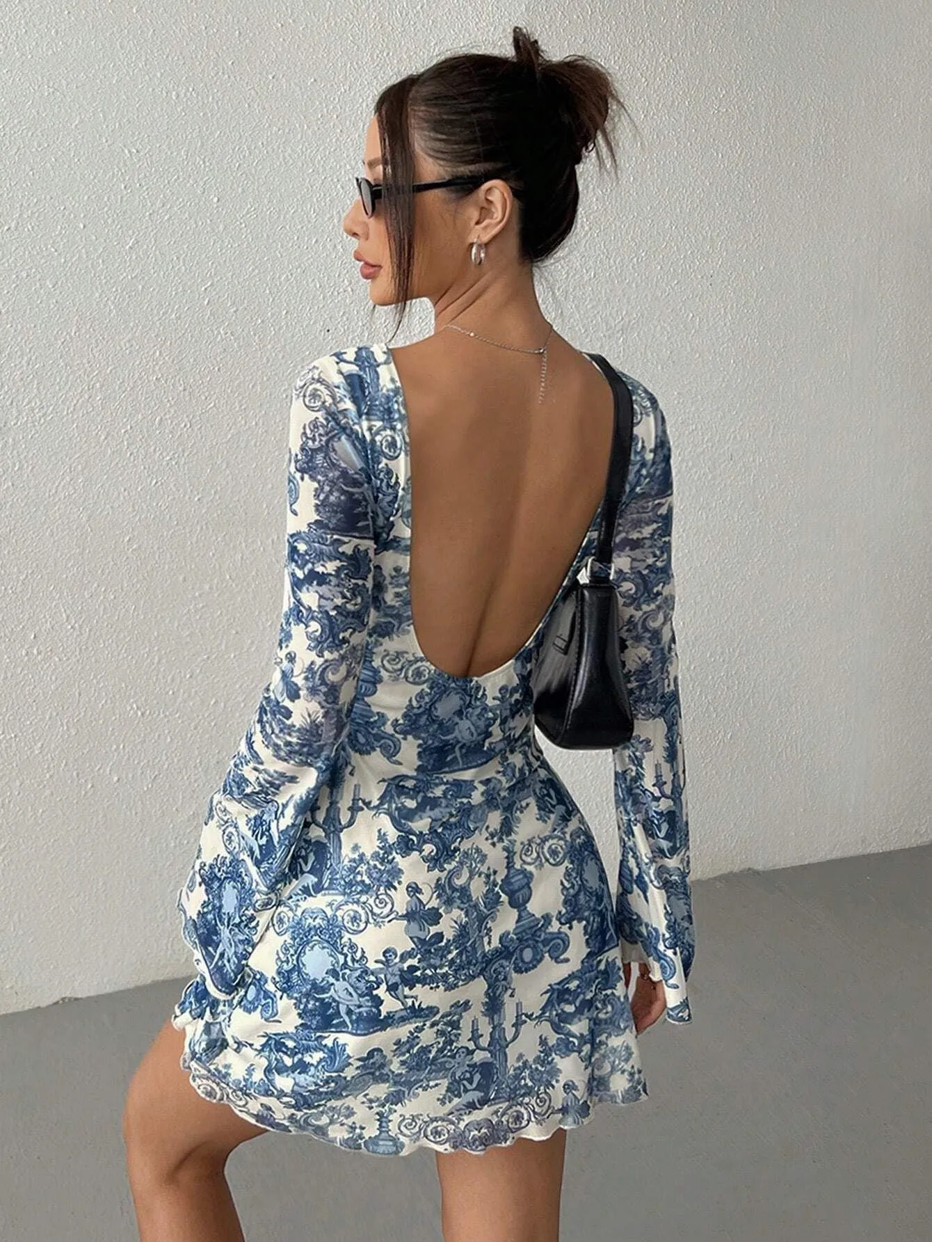Printed Flare Sleeve Backless Mesh Dress