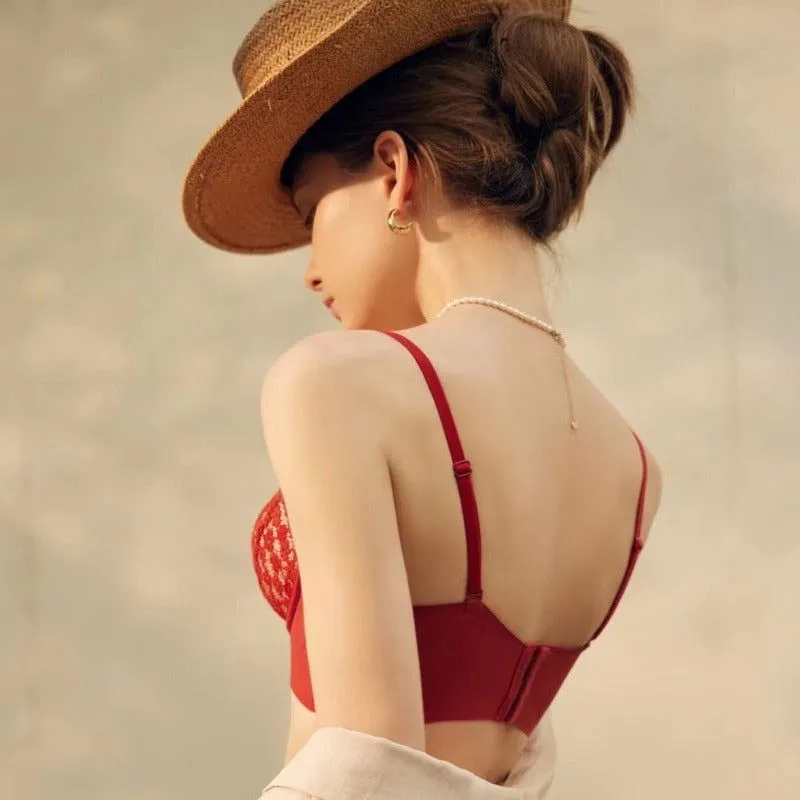 Red Hollow Out Seductive Wireless Bra Lingerie Set