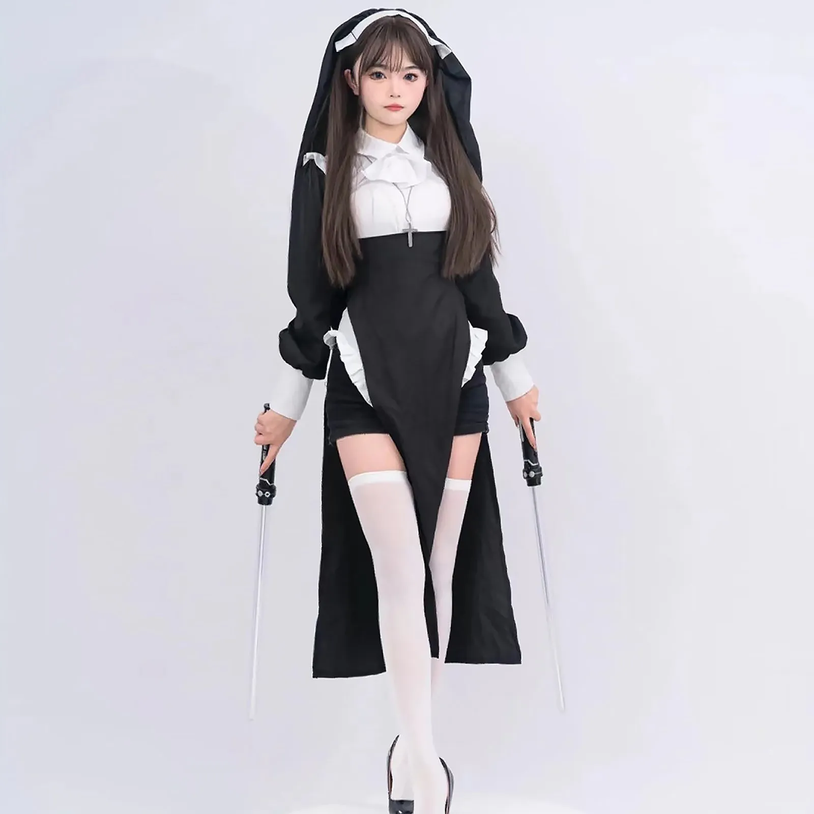 Sultry Nun Costume Habit Nun Halloween Cosplay Outfit Black Adult Fancy Dress Costume