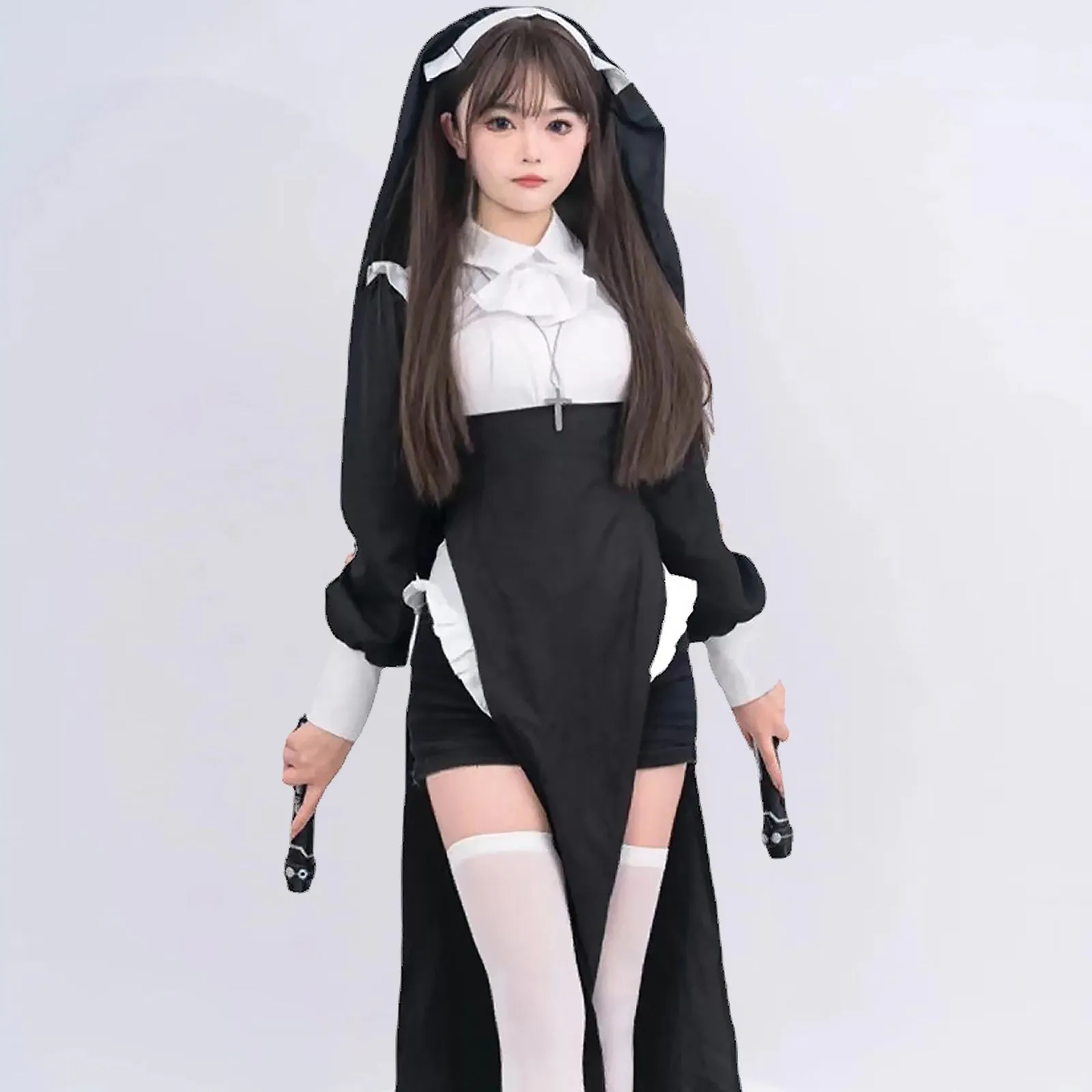 Sultry Nun Costume Habit Nun Halloween Cosplay Outfit Black Adult Fancy Dress Costume