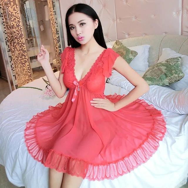 Summer New Women V Neck Mesh Sexy Sleepwear perspective Comfortable Nightdress Female Plus Size Nightgowns Lingerie Nightwear